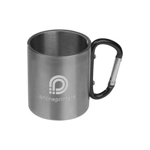 Schwarze Metall-Tasse mit Karabinergriff.