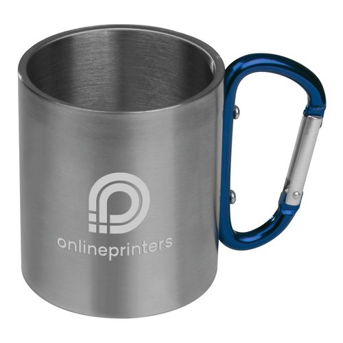 Blaue Metall-Tasse mit Karabiner-Griff.