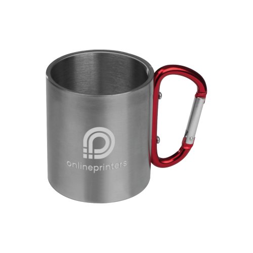 Rote Metall-Tasse mit Karabiner-Griff.