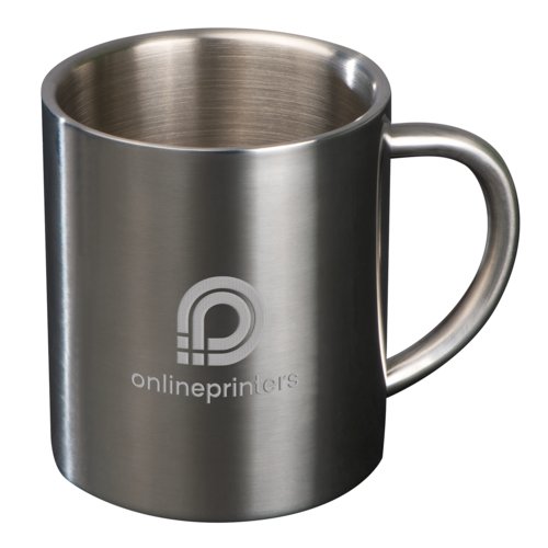 Silberne Metalltasse mit Henkel.