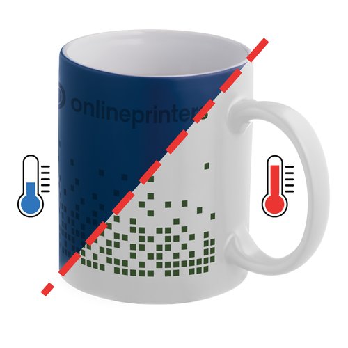 Blaue Keramiktasse, farbwechselnd mit Henkel.