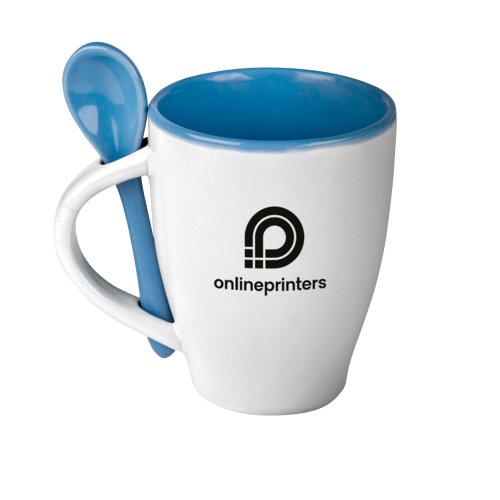 Blauer Keramik-Kaffeebecher mit Lffel.