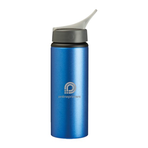 Blaue Trinkflasche aus Metall mit Trinkverschluss.
