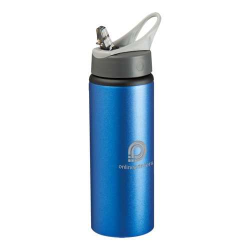 Blaue Trinkflasche aus Metall mit Deckel und Trinkhalm.