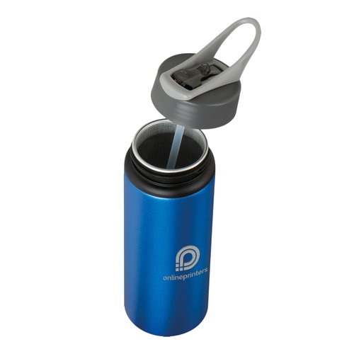 Blaue Trinkflasche aus Metall mit Deckel und Strohhalm.