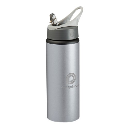 Silberne Trinkflasche aus Metall mit Trinkaufsatz.