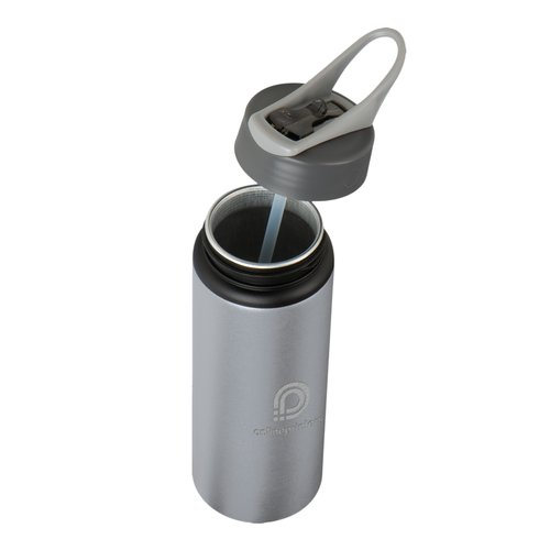 Graue Trinkflasche aus Metall mit Deckel und Trinkhalm.
