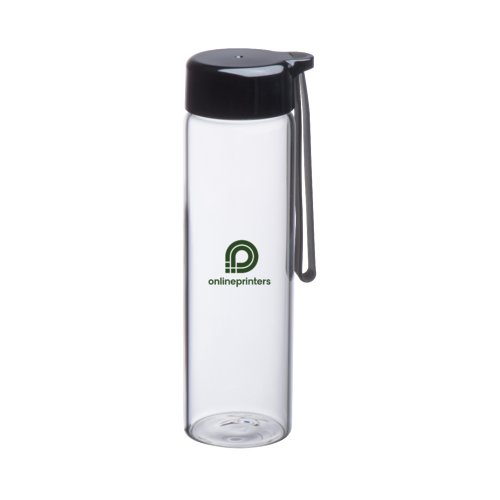 Glasflasche mit schwarzem PP-Deckel und Trageschlaufe.