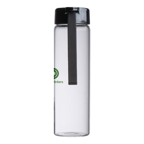 Transparente Glasflasche mit PP-Deckel und Trageschlaufe.