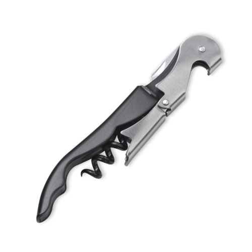 Schwarzes Metall-Kellnermesser mit Kapselheber und Korkenzieher.