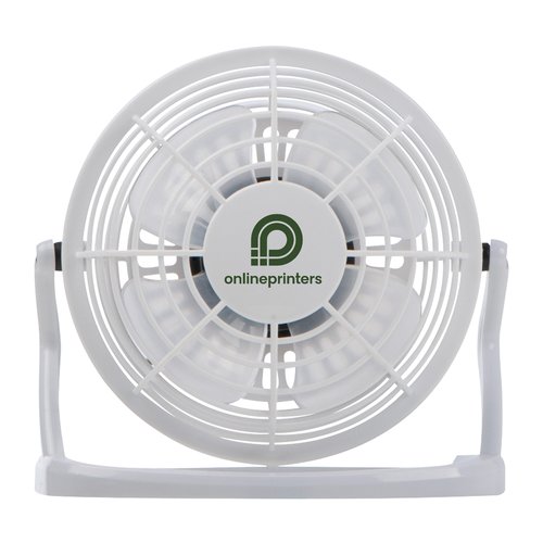 Weier Tischventilator aus Kunststoff mit Schutzgitter.