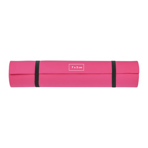 Pinke Yoga-Matte aus Schaumstoff mit Haltebndern.