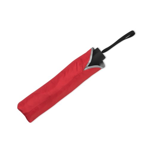 Roter Taschenschirm mit Trageschlaufe und passender Schutzhlle.