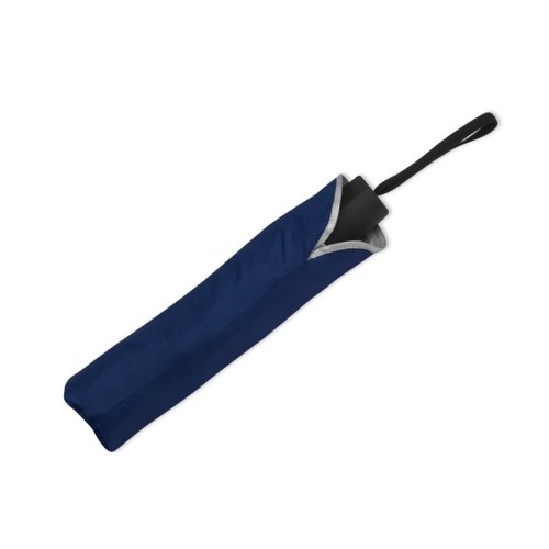 Dunkelblauer Taschenschirm mit Trageschlaufe und Schutzhlle.