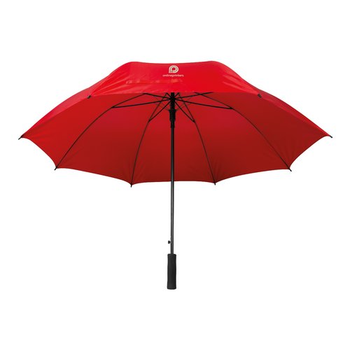 Roter Regenschirm mit einem gebogenem Griff.