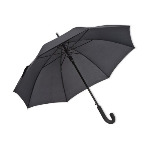 Schwarzer Automatik-Regenschirm mit gebogenem Griff.