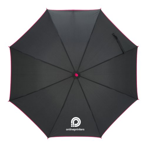 Pinkfarbener Automatik-Regenschirm mit Bezug und Griff.