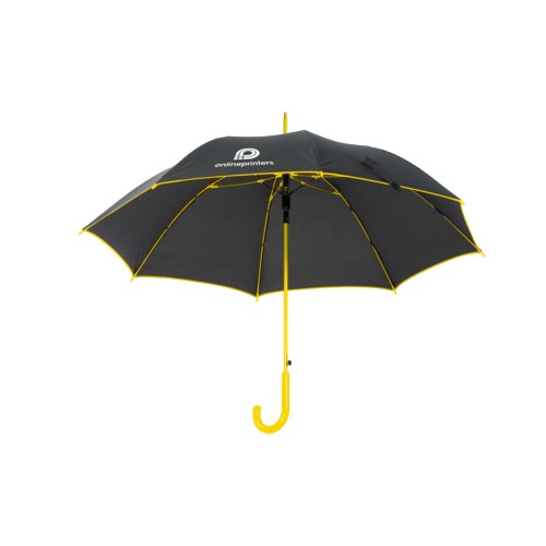 Schwarzer Automatik-Regenschirm mit gelbem Griff und gelben Akzenten.