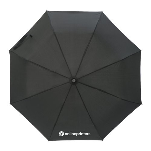 Schwarzer Taschenschirm mit manuellem ffnungsmechanismus und Schutzhlle.
