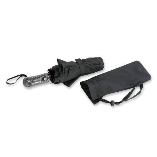 Schwarzer Taschenschirm mit Bezug und Handschlaufe.