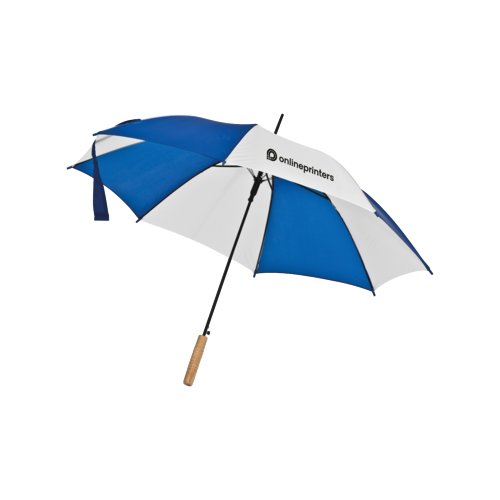 Blauer Automatik-Stockschirm mit Holzgriff.