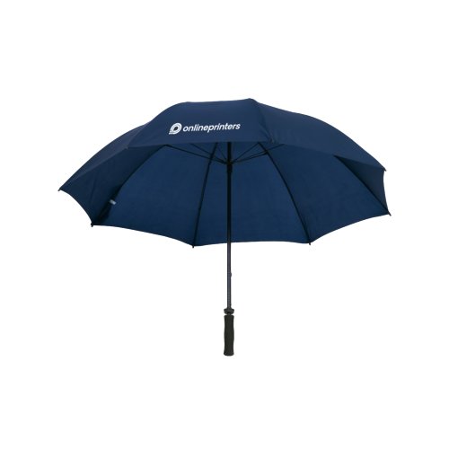Blauer Regenschirm mit stabilem Griff und Windschutz.