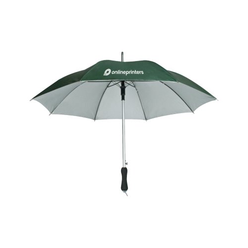 Grner Automatik-Schirm mit groem Durchmesser und stabilem Griff.