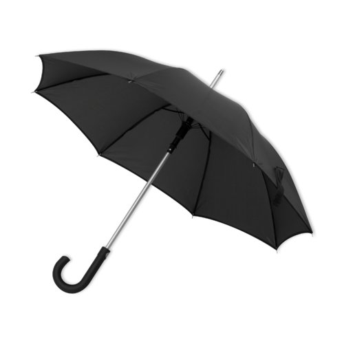 Schwarzer Automatik-Regenschirm mit gebogenem Griff.