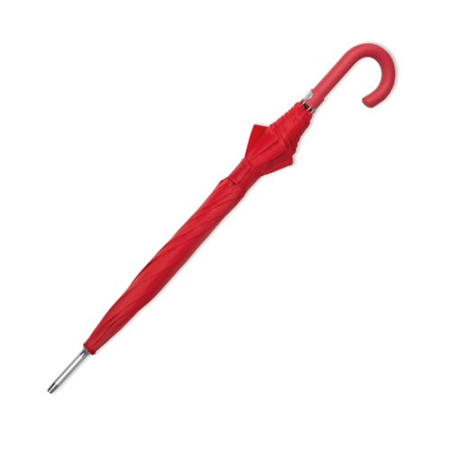Roter Automatik-Regenschirm mit gebogenem Griff.