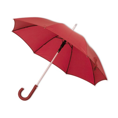 Roter Automatik-Regenschirm mit gebogenem Griff.