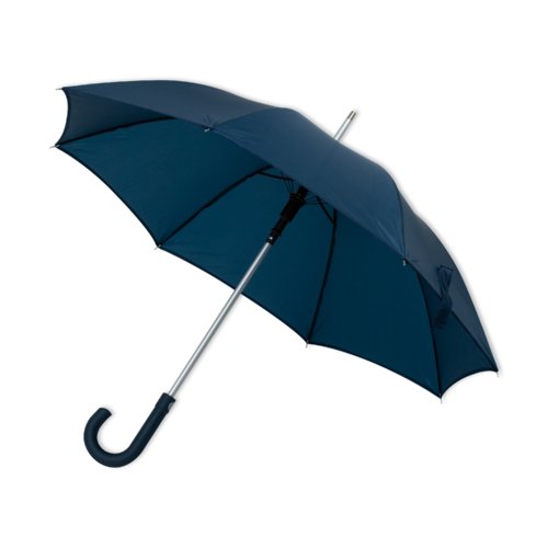 Dunkelblauer Automatik-Regenschirm mit gebogenem Griff.