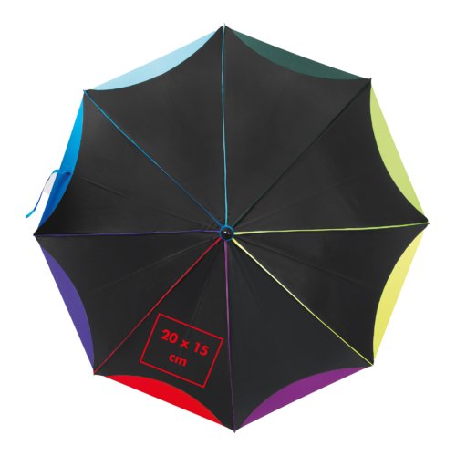 Schwarzer Automatik-Regenschirm mit farbigen Akzenten.
