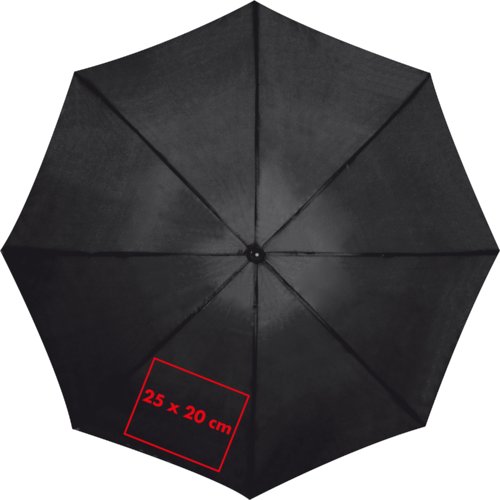 Schwarzer Stoff-Regenschirm mit stabilem Gestell.