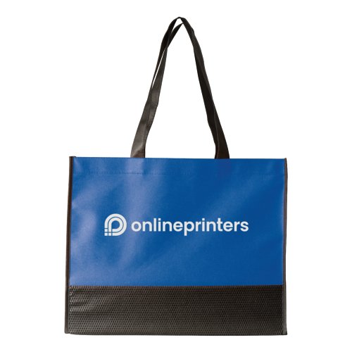 Blaue Vliesstoff-Tasche mit Tragegriffen.