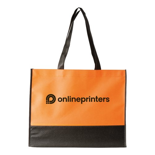 Orangefarbene Vliesstoff-Tasche mit Griffen.