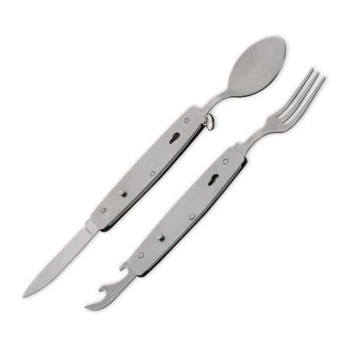 Schwarzes Campingbesteck aus Metall mit Messer, Gabel, Lffel und Flaschenffner.
