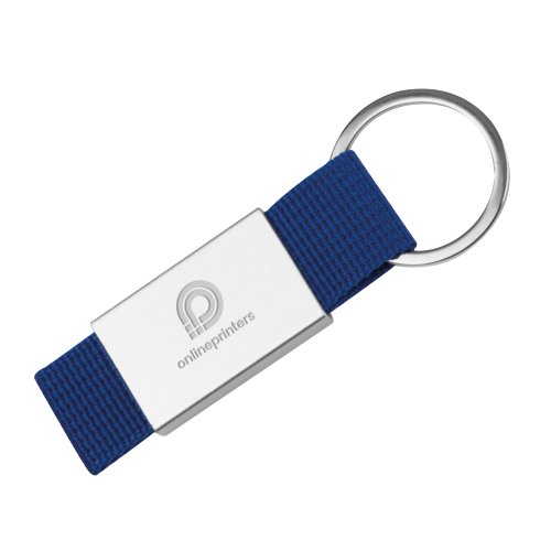 Blauer Stoff-Schlsselanhnger mit Metallring.