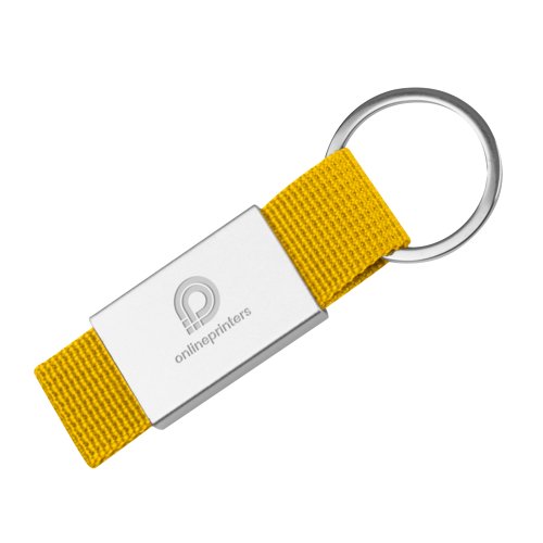 Gelber Textil-Schlsselanhnger mit Metallring.