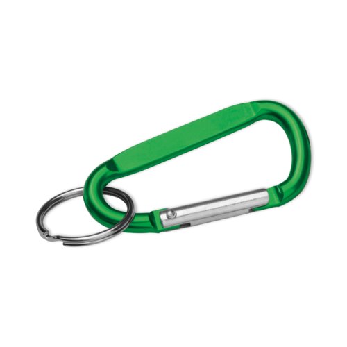 Grner Metall-Schlsselanhnger mit Karabiner und Ring.