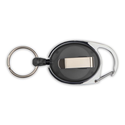Schwarzer Karabiner mit Ring und Clip.