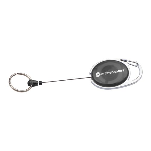 Schwarzer Ausweishalter mit Karabiner und einziehbarem Kabel.