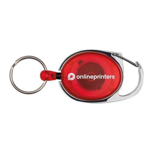 Roter Karabiner mit Ring und Clip-Befestigung.