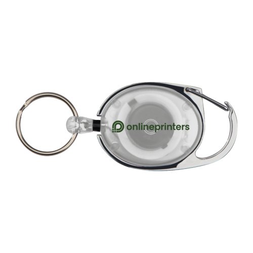 Weier Karabiner mit Ring und Clip zur variablen Befestigung.