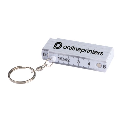 Weier Kunststoff-Schlsselanhnger mit Zollstockfunktion und Metallring.