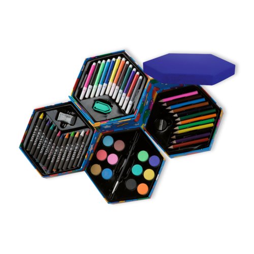 Malset mit Stiften, Farben und Zubehr in einer Box.