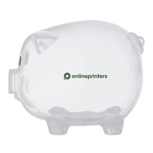 Transparente Spardose aus Kunststoff in Schweinchenform.