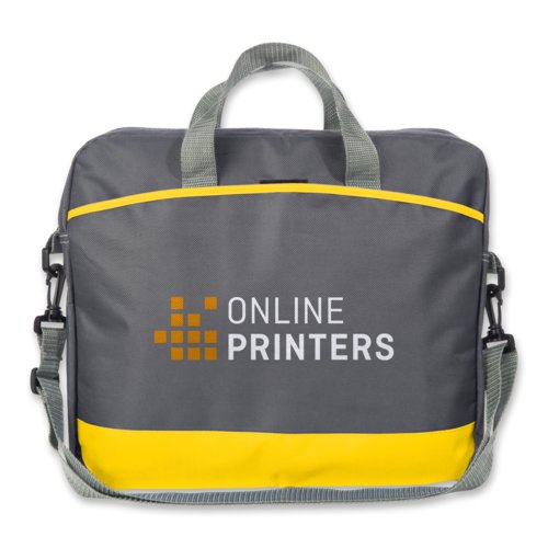 Gelbe Laptoptasche aus Stoff mit Tragegriffen und Schultergurt.
