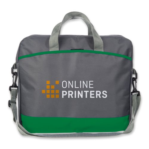 Gr�ne Laptoptasche aus Stoff mit Tragegriffen und Schultergurt.