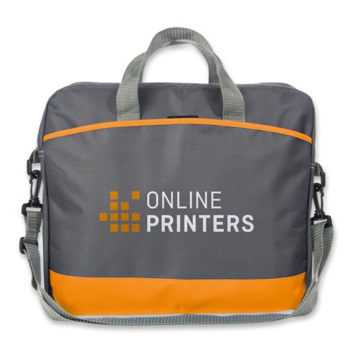 Orangefarbene Laptoptasche mit Tragegriffen und Schultergurt.