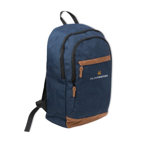 Blauer Stoff-Rucksack mit Rei�verschlussf�chern und verstellbaren Tr�gern.